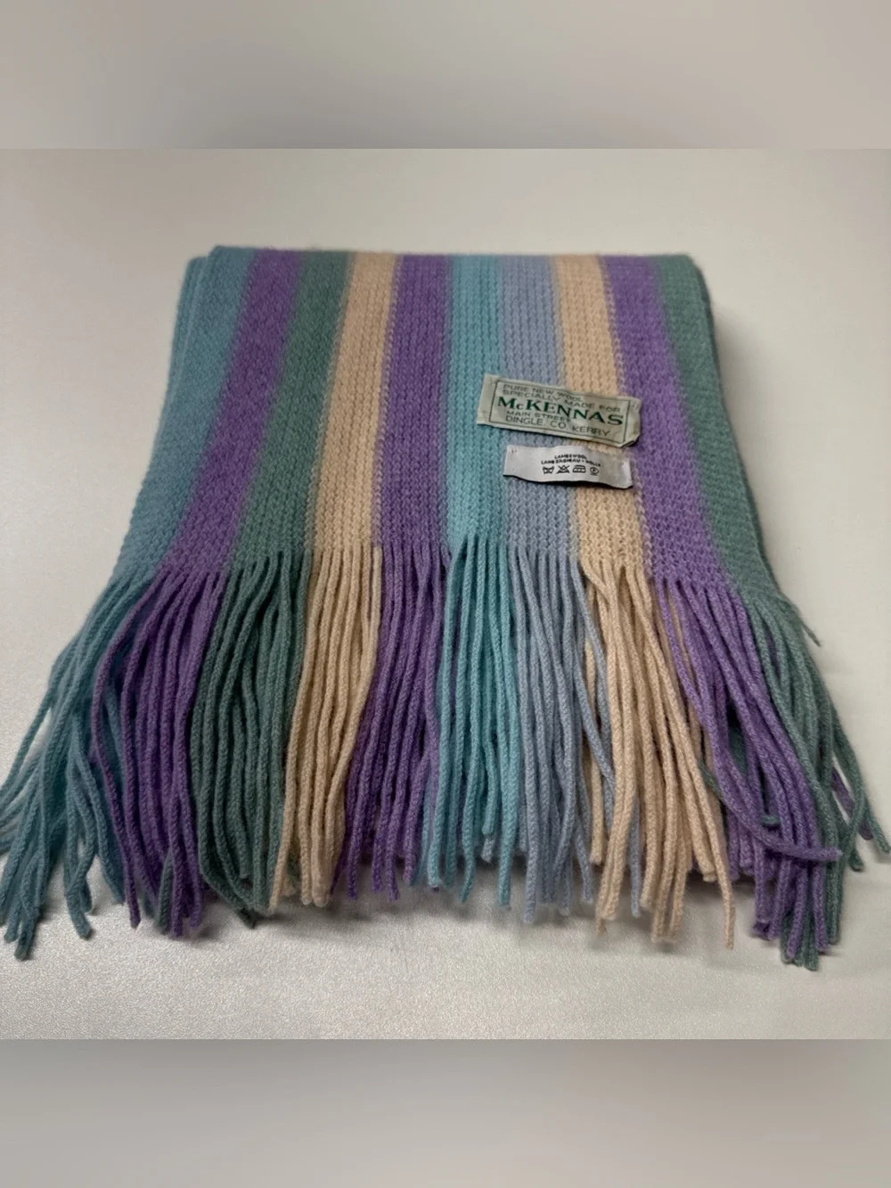 Mc Kennas 100% Pure New Wool Knitted Fringe Hem Scarf Women Pastel Striped 8x76